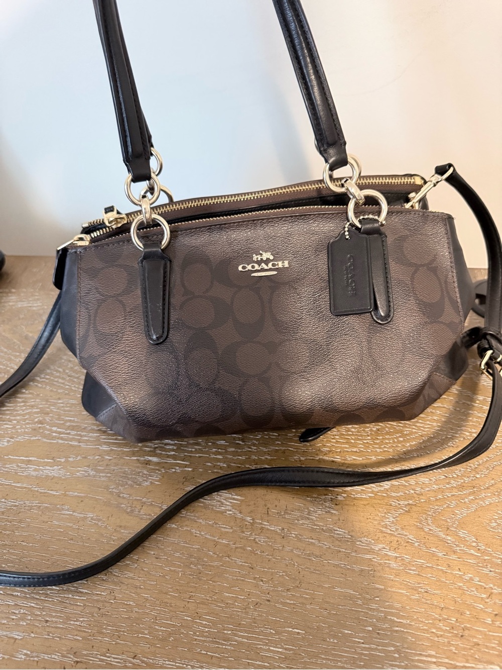 Coach Brown Signature Canvas Shoulder Bag with Black Straps